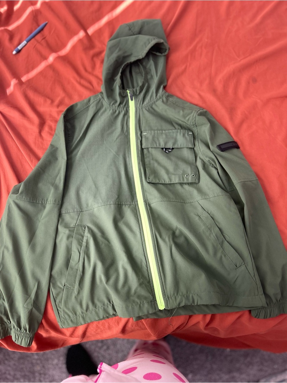Athletic Works Olive Green Hooded Windbreaker with Neon Yellow Zip